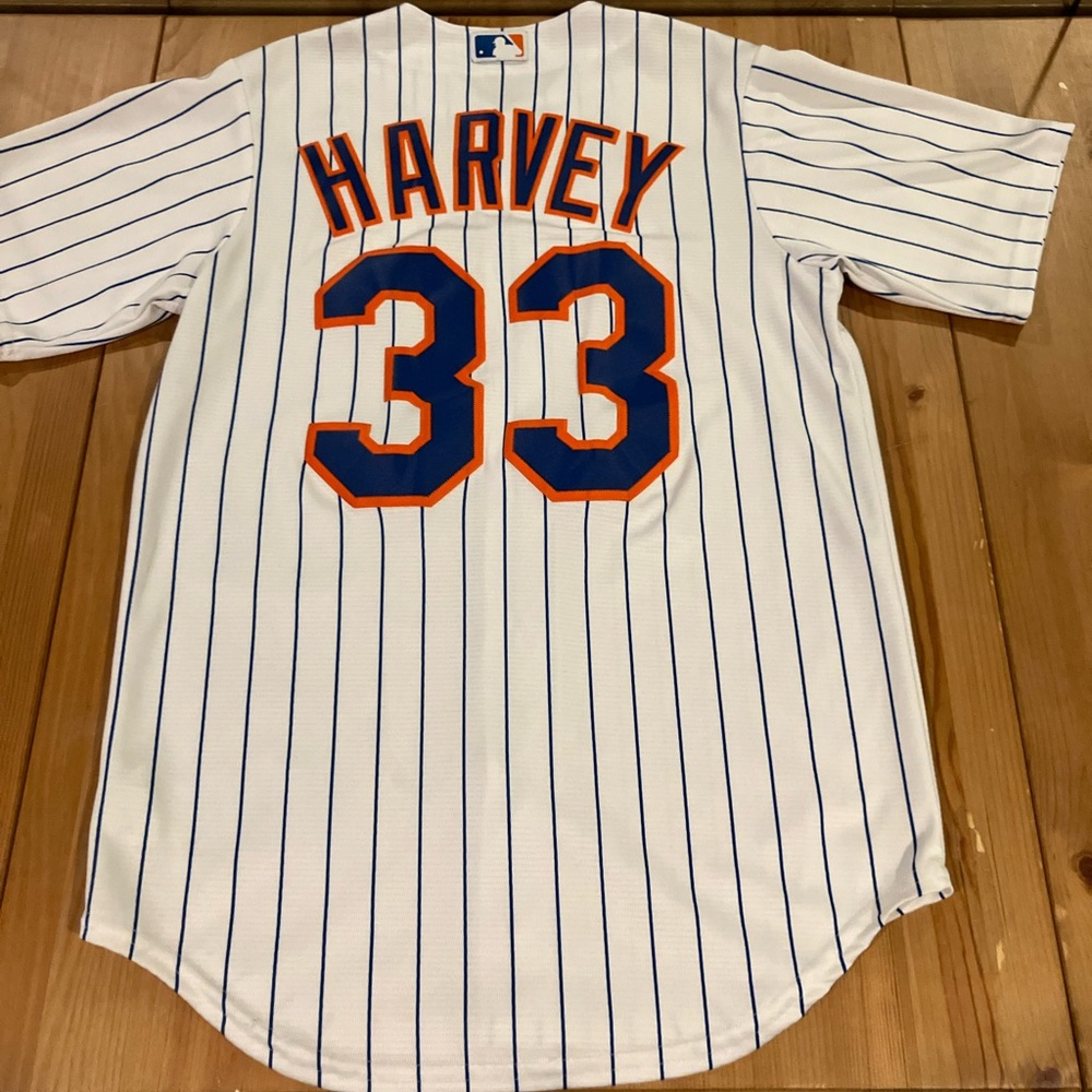 EUC Majestic Mets Matt Harvey White and Blue Striped Jersey #33 Size Small